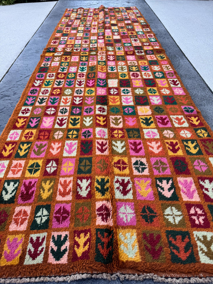 3x9 Handmade Vintage Afghan Baluch Runner Rug | Copper Brown Rose Pink Peach Burnt Orange Pine Olive Green Mustard Brick Red White | Wool