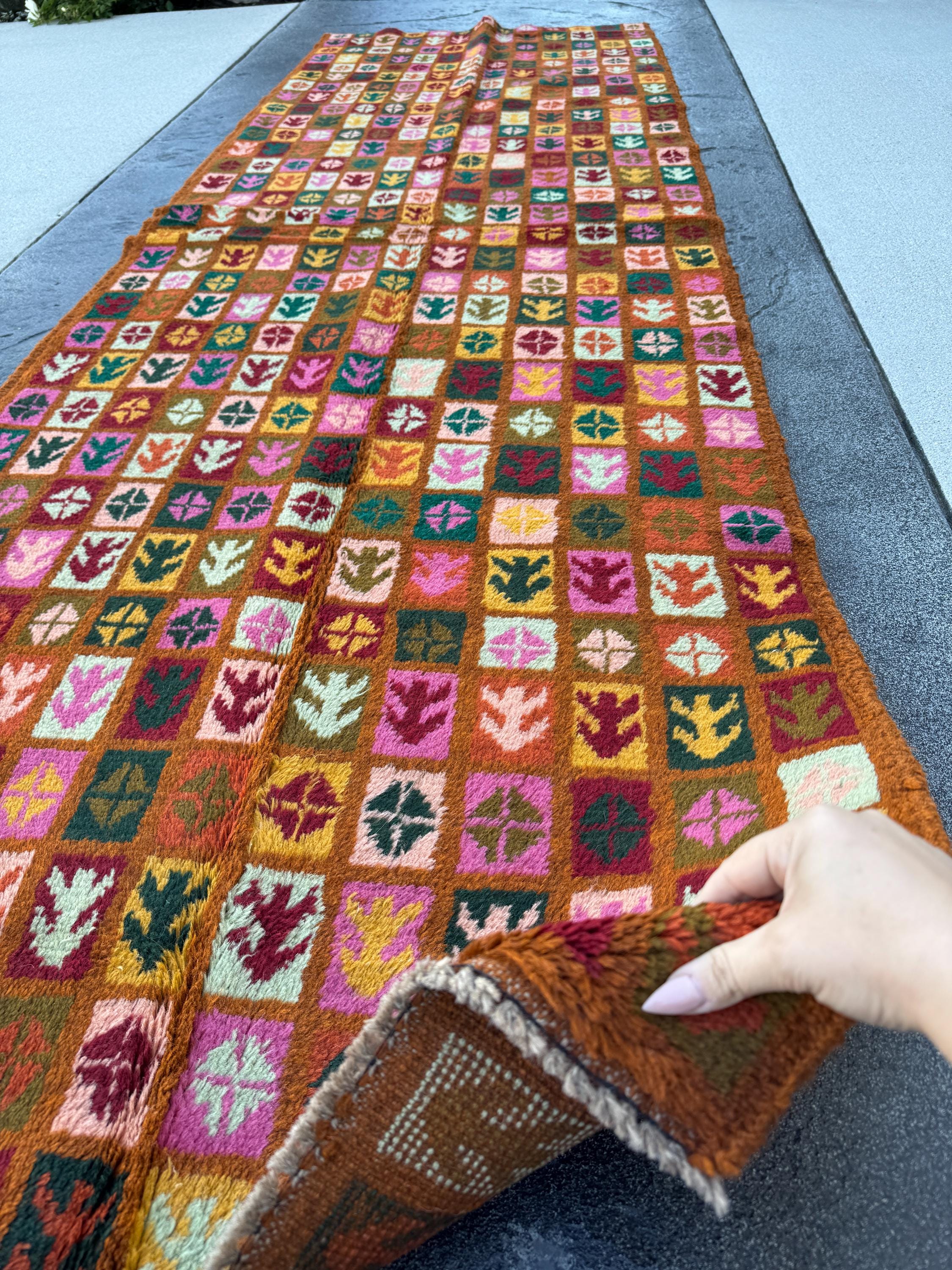 3x9 Handmade Vintage Afghan Baluch Runner Rug | Copper Brown Rose Pink Peach Burnt Orange Pine Olive Green Mustard Brick Red White | Wool