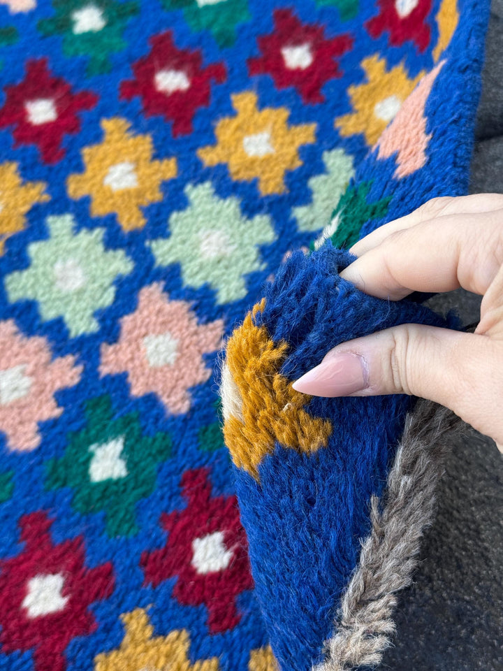 3x10 Handmade Vintage Afghan Baluch Runner Rug | Navy Blue Pine Mint Green Brick Red Mustard Gold White Cream Peach | Wool Flatwoven