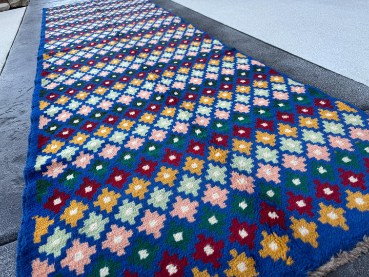 3x10 Handmade Vintage Afghan Baluch Runner Rug | Navy Blue Pine Mint Green Brick Red Mustard Gold White Cream Peach | Wool Flatwoven