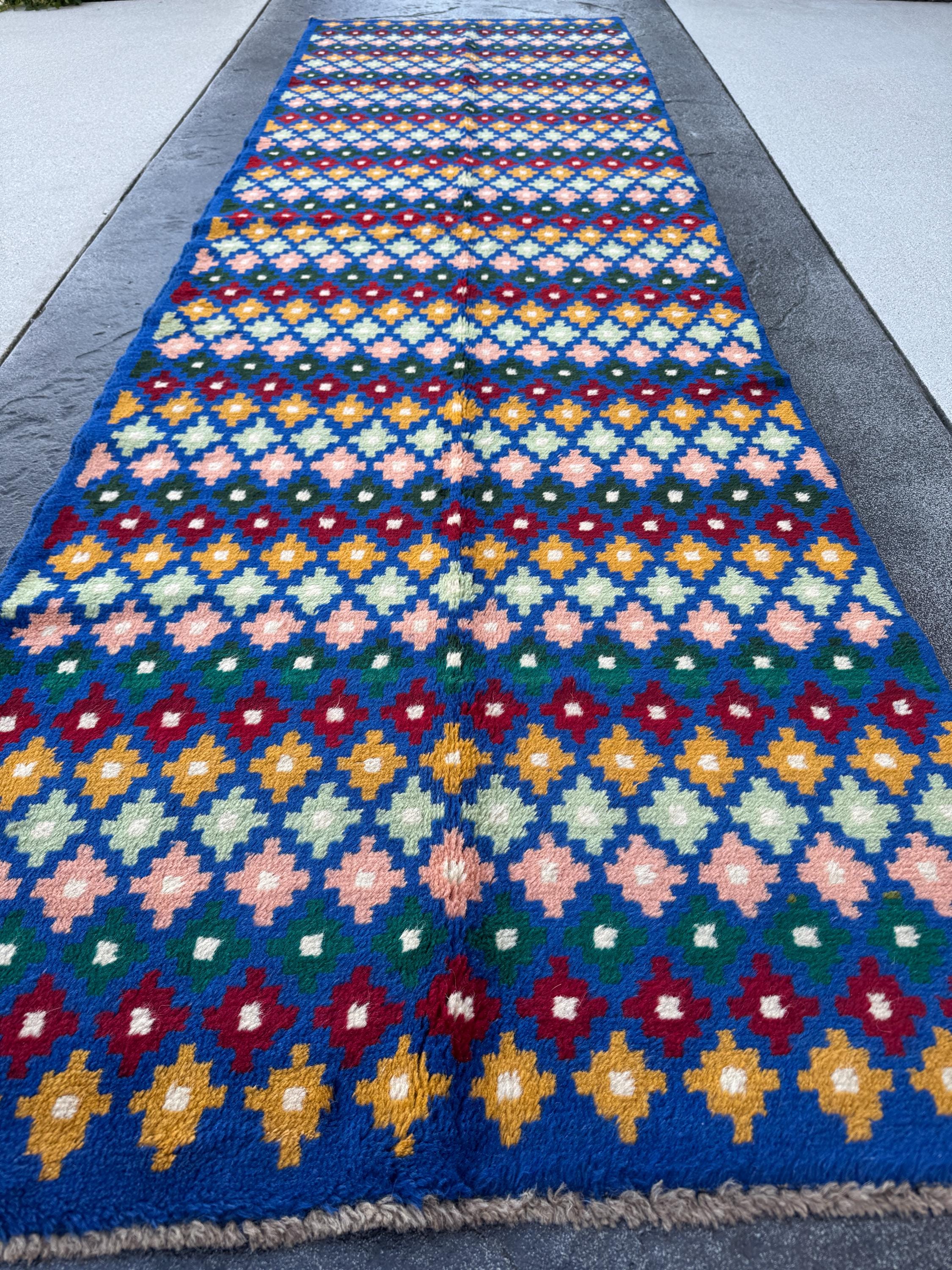 3x10 Handmade Vintage Afghan Baluch Runner Rug | Navy Blue Pine Mint Green Brick Red Mustard Gold White Cream Peach | Wool Flatwoven