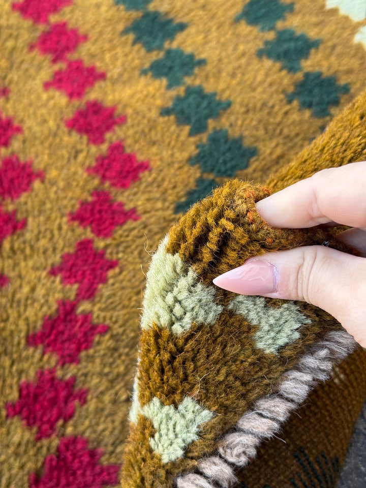 3x10 Handmade Vintage Afghan Baluch Runner Rug | Olive Pine Mint Green White Mustard Yellow Gold Brick Red | Wool Flatwoven