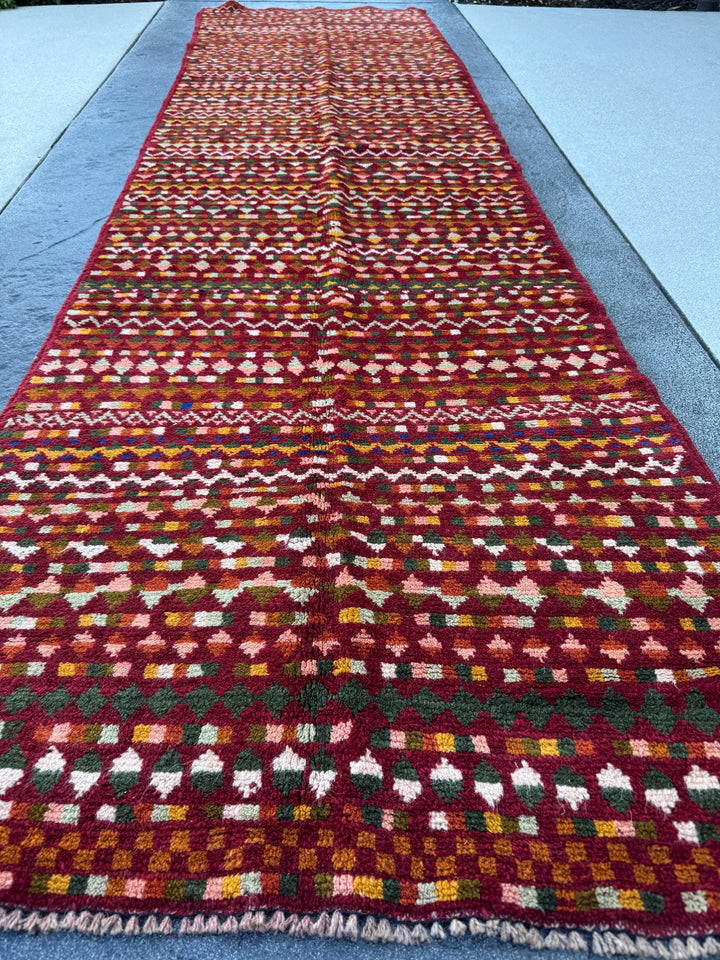 3x11 Handmade Vintage Afghan Baluch Runner Rug | Brick Red Mint Olive Pine Green Cream White Peach Burnt Orange Mustard Yellow Copper Brown