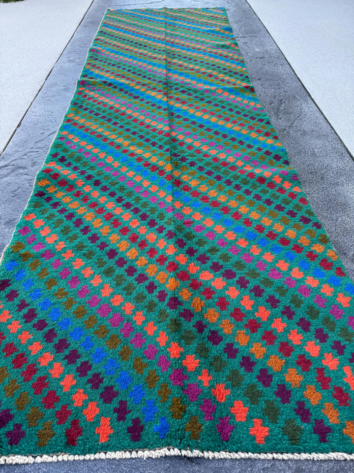 3x9 Handmade Vintage Afghan Baluch Runner Rug | Forest Pine Olive Green Burnt Orange Copper Brown Eggplant Purple Magenta Brick Red | Wool