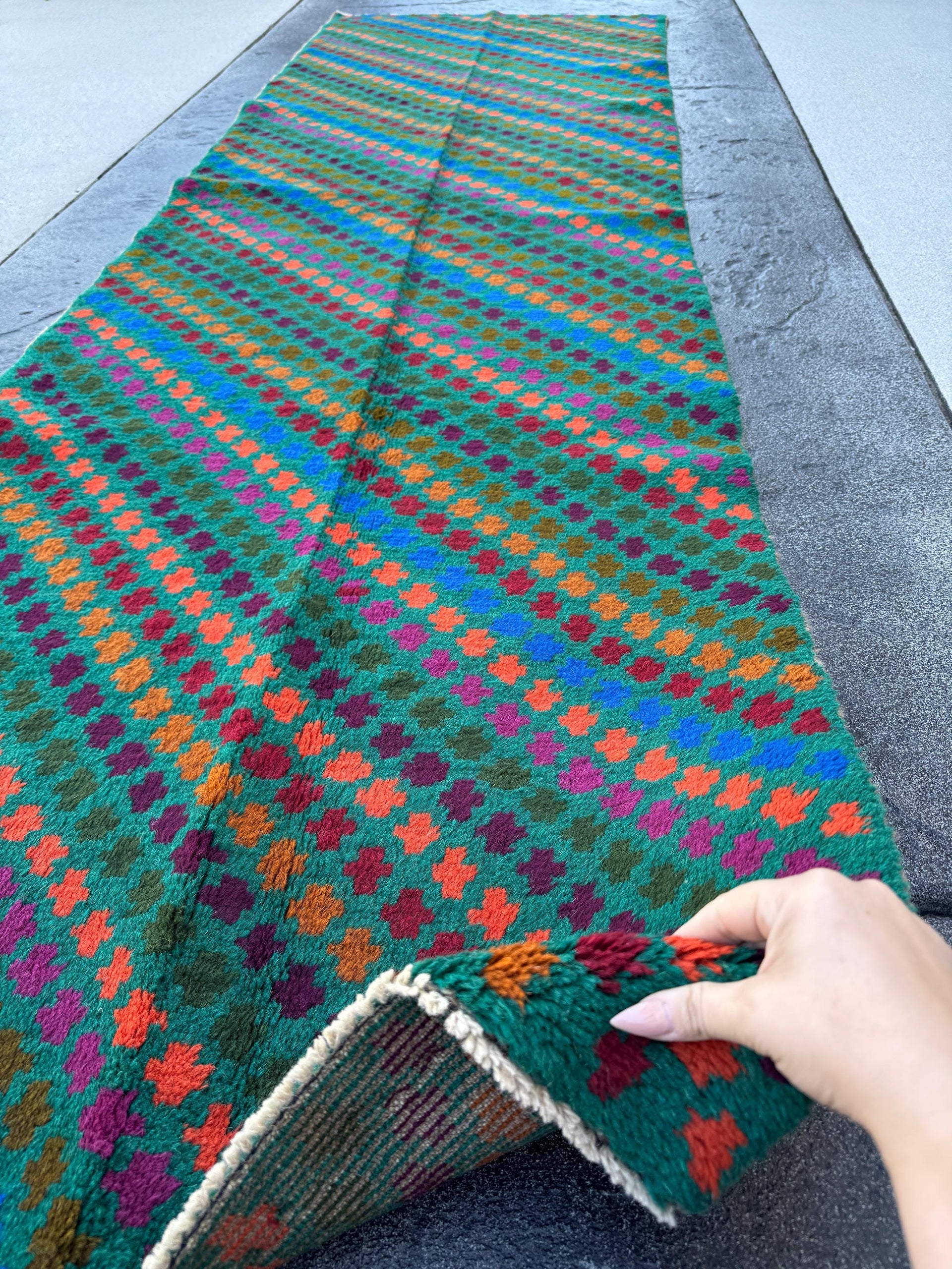 3x9 Handmade Vintage Afghan Baluch Runner Rug | Forest Pine Olive Green Burnt Orange Copper Brown Eggplant Purple Magenta Brick Red | Wool