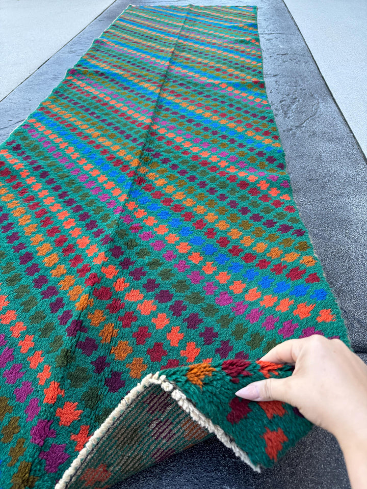 3x9 Handmade Vintage Afghan Baluch Runner Rug | Forest Pine Olive Green Burnt Orange Copper Brown Eggplant Purple Magenta Brick Red | Wool