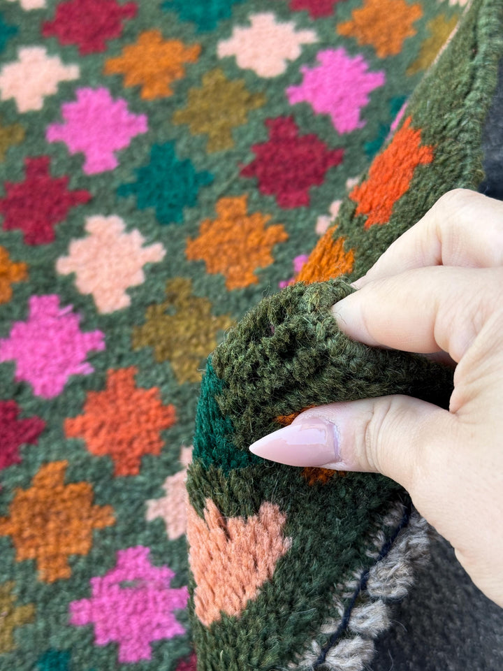 3x9 Handmade Vintage Afghan Baluch Runner Rug | Pine Forest Olive Green Copper Brown Rose Pink Peach Brick Red Navy Blue Burnt Orange | Wool