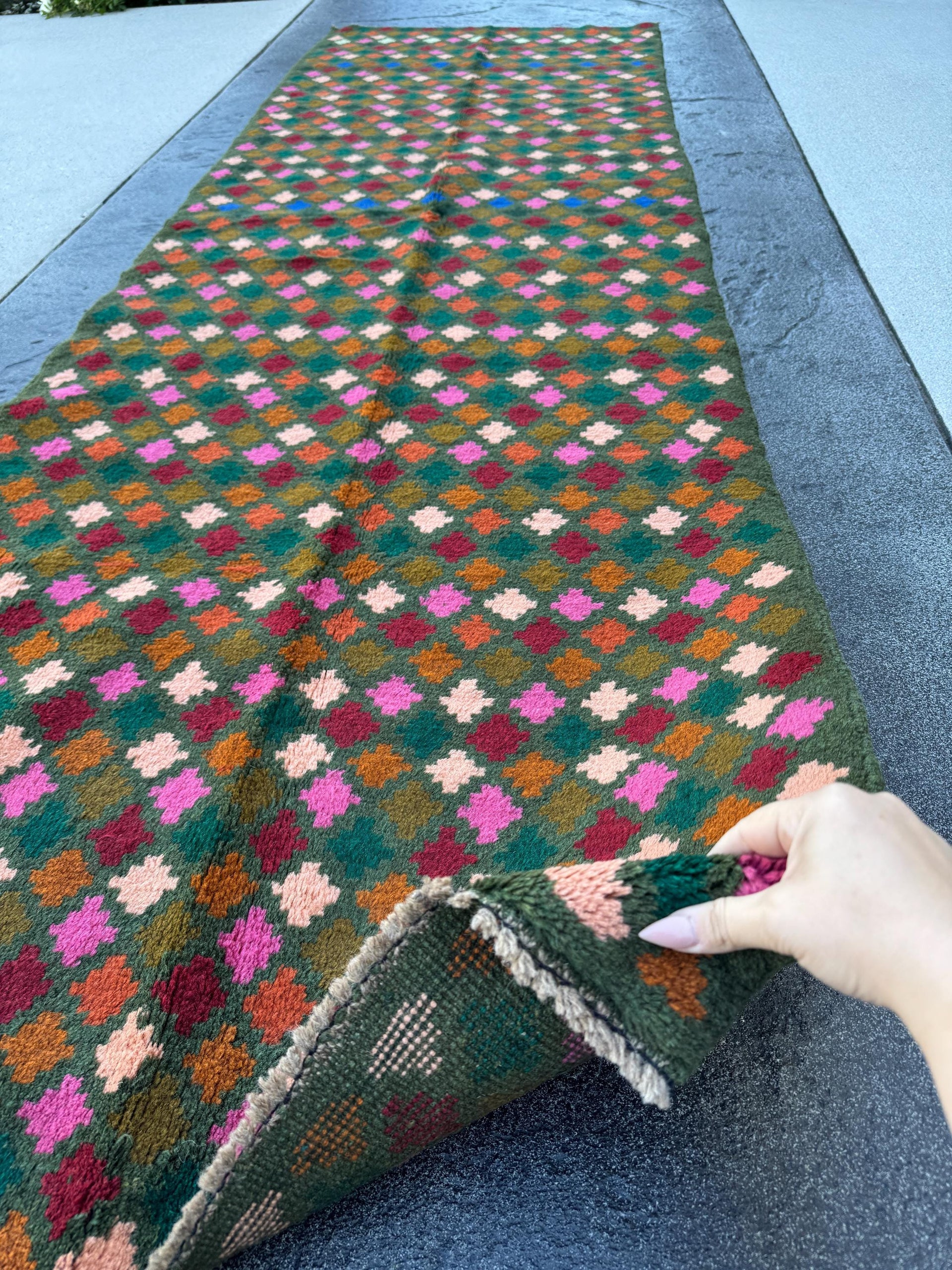 3x9 Handmade Vintage Afghan Baluch Runner Rug | Pine Forest Olive Green Copper Brown Rose Pink Peach Brick Red Navy Blue Burnt Orange | Wool
