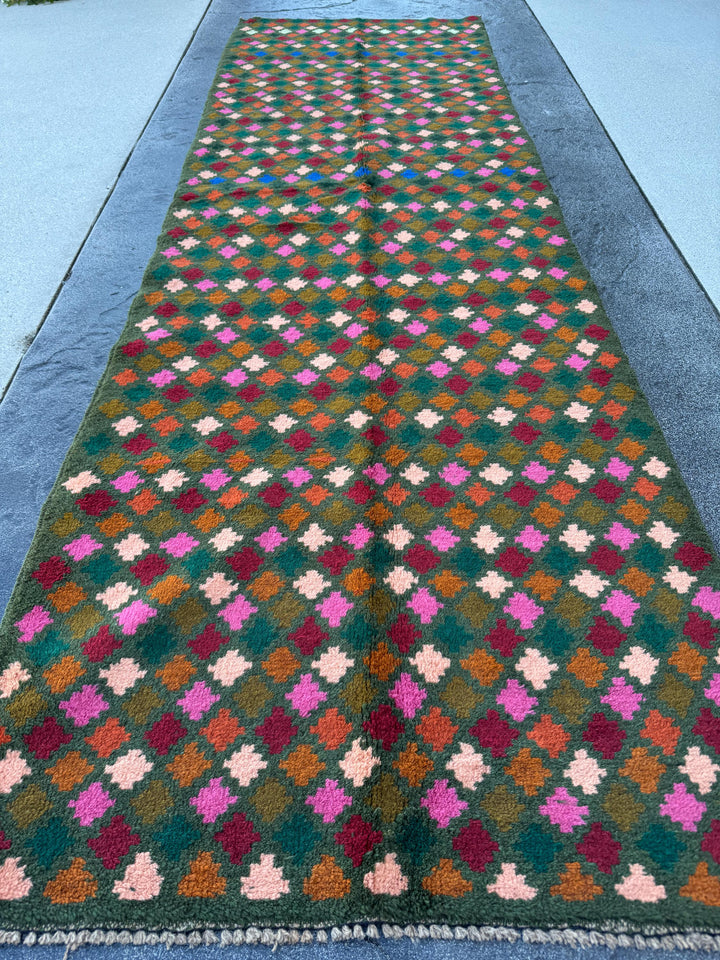 3x9 Handmade Vintage Afghan Baluch Runner Rug | Pine Forest Olive Green Copper Brown Rose Pink Peach Brick Red Navy Blue Burnt Orange | Wool