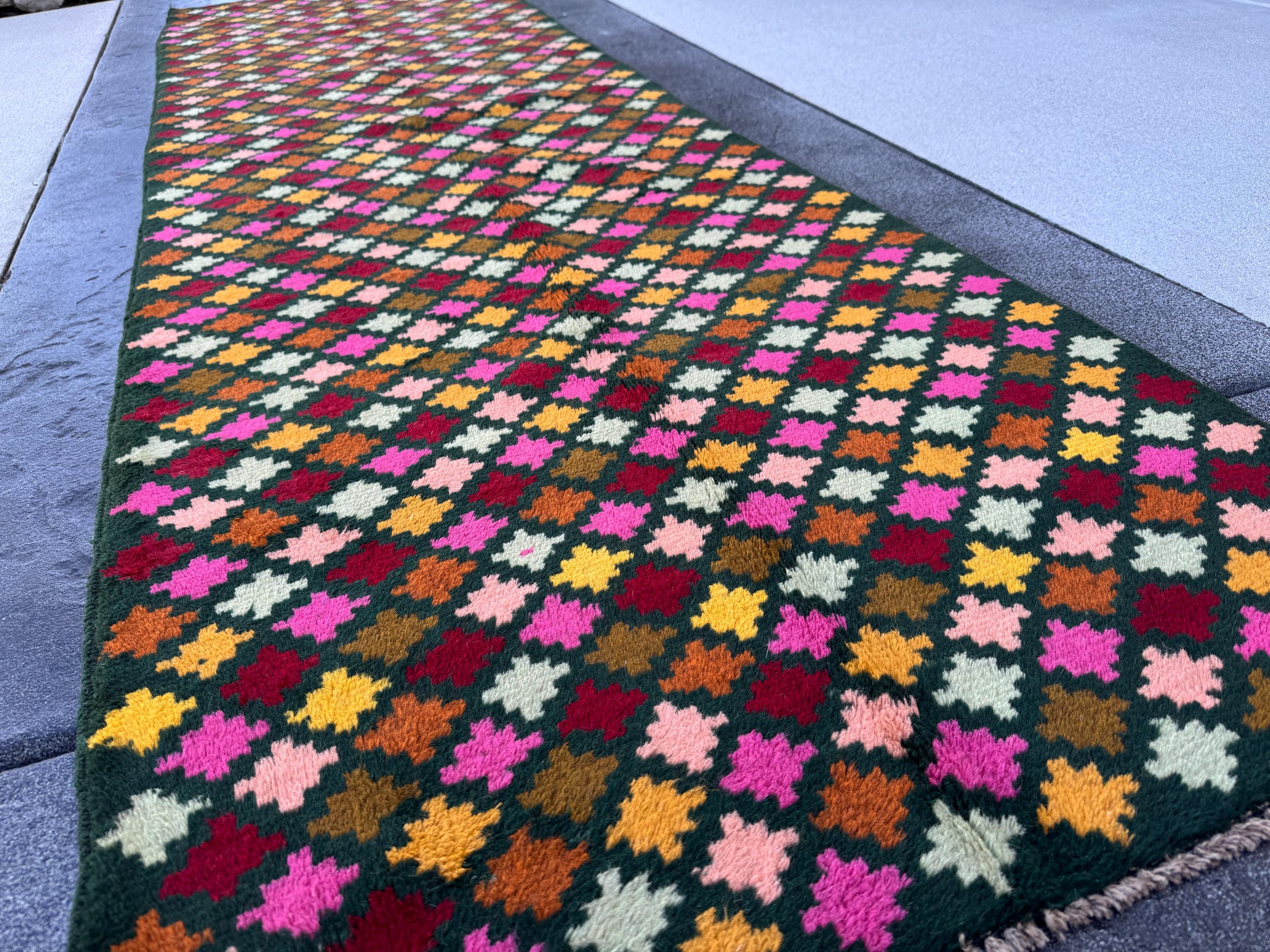 3x10 Handmade Vintage Afghan Baluch Runner Rug | Pine Mint Olive Green Brick Red Coopper Brown Rose Pink Peach Mustard Gold | Wool Flatwoven