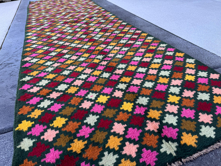 3x10 Handmade Vintage Afghan Baluch Runner Rug | Pine Mint Olive Green Brick Red Coopper Brown Rose Pink Peach Mustard Gold | Wool Flatwoven