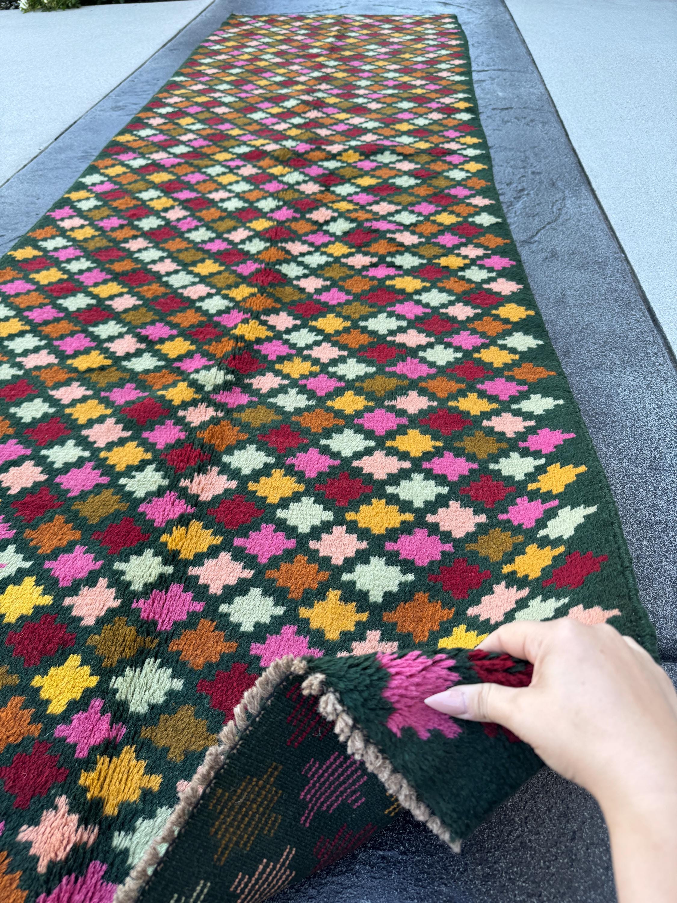 3x10 Handmade Vintage Afghan Baluch Runner Rug | Pine Mint Olive Green Brick Red Coopper Brown Rose Pink Peach Mustard Gold | Wool Flatwoven