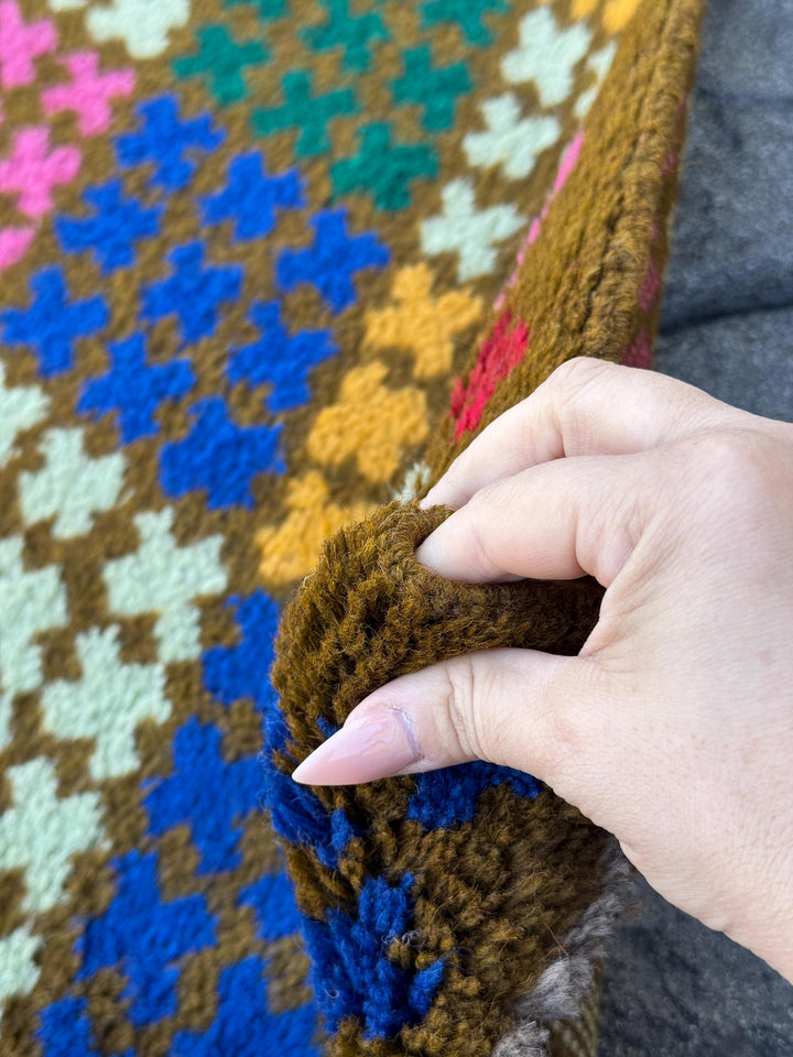 3x10 Handmade Vintage Afghan Baluch Runner Rug | Chocolate Brown Forest Pine Mint Green Rose Pink Mustard Gold Navy Blue Grey Brick Red
