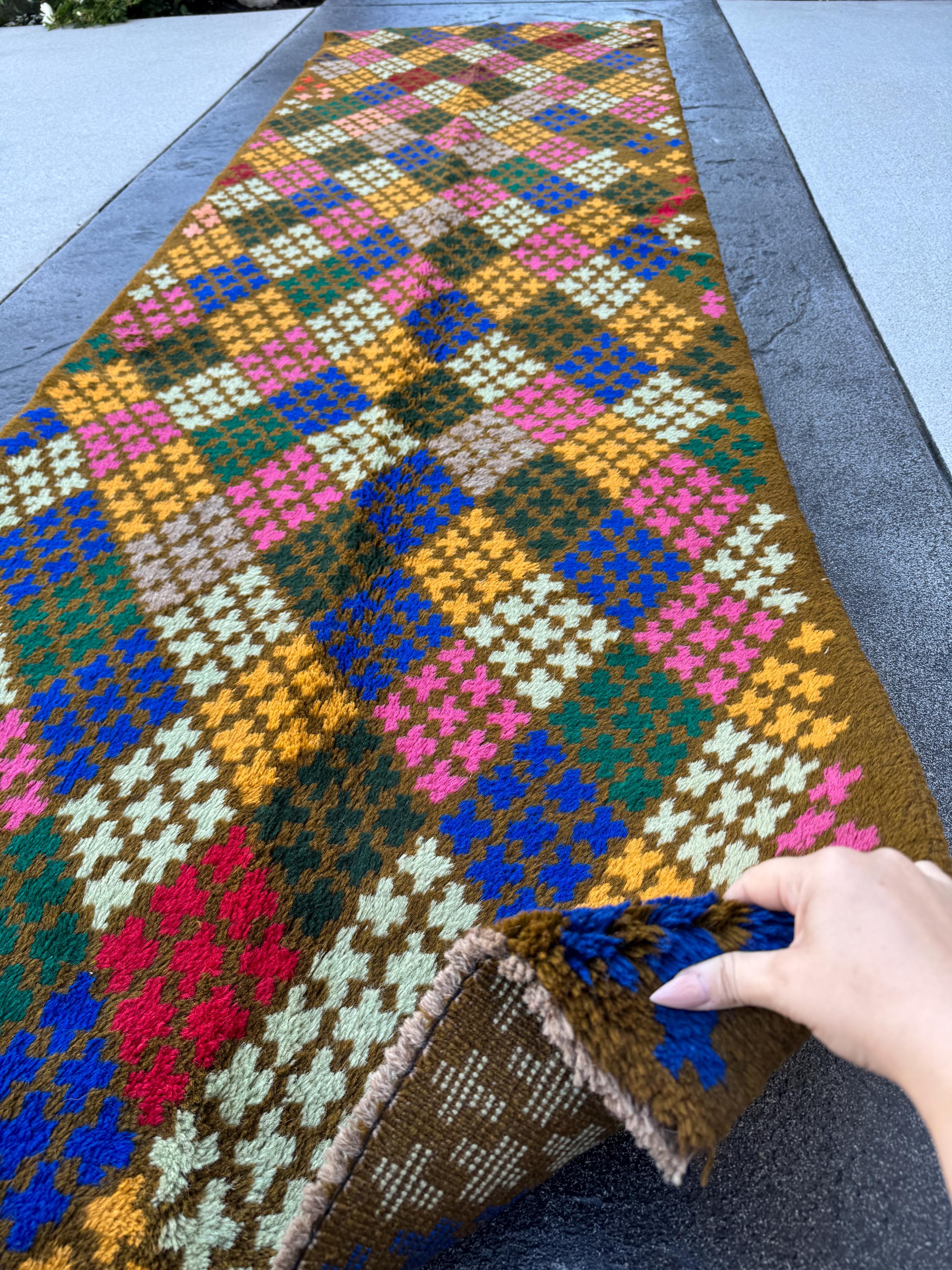 3x10 Handmade Vintage Afghan Baluch Runner Rug | Chocolate Brown Forest Pine Mint Green Rose Pink Mustard Gold Navy Blue Grey Brick Red