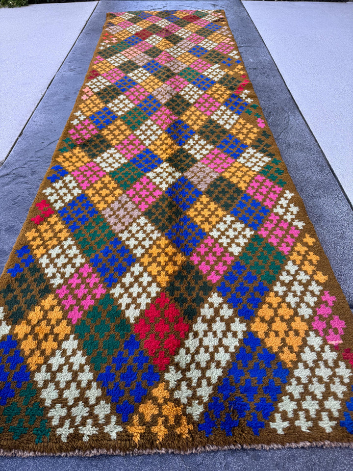 3x10 Handmade Vintage Afghan Baluch Runner Rug | Chocolate Brown Forest Pine Mint Green Rose Pink Mustard Gold Navy Blue Grey Brick Red