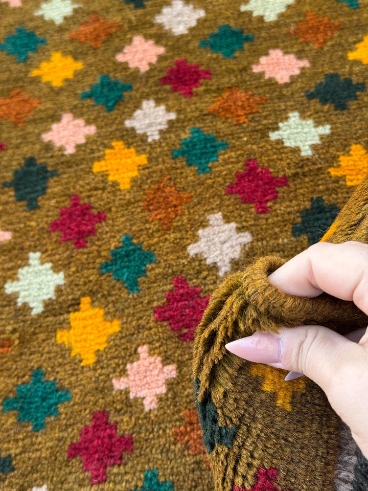 3x5 (91x152) Handmade Vintage Afghan Baluch Rug | Olive Mint Pine Forest Green Mustard Gold Yellow Light Grey Brick Red Copper Brown