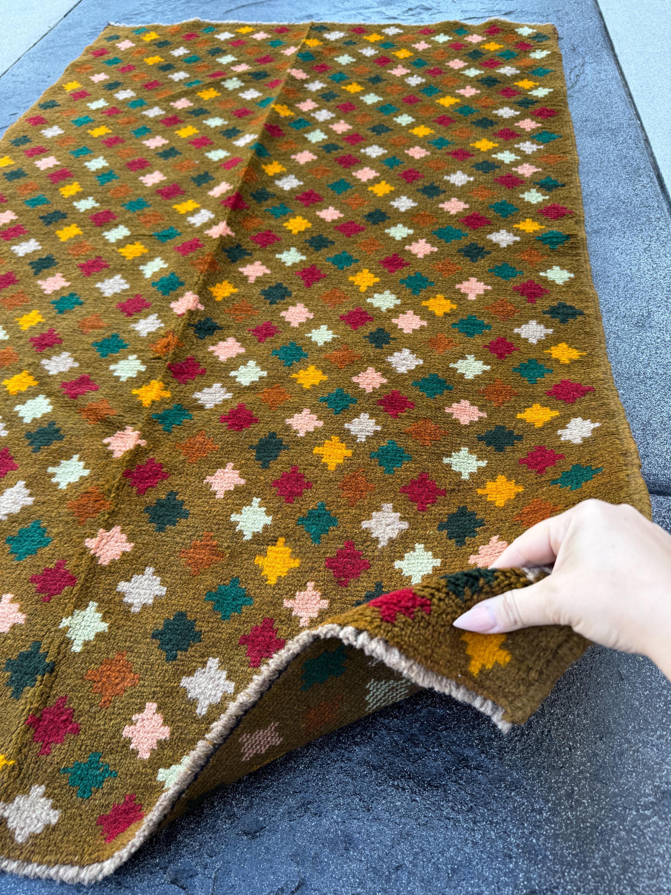 3x5 (91x152) Handmade Vintage Afghan Baluch Rug | Olive Mint Pine Forest Green Mustard Gold Yellow Light Grey Brick Red Copper Brown