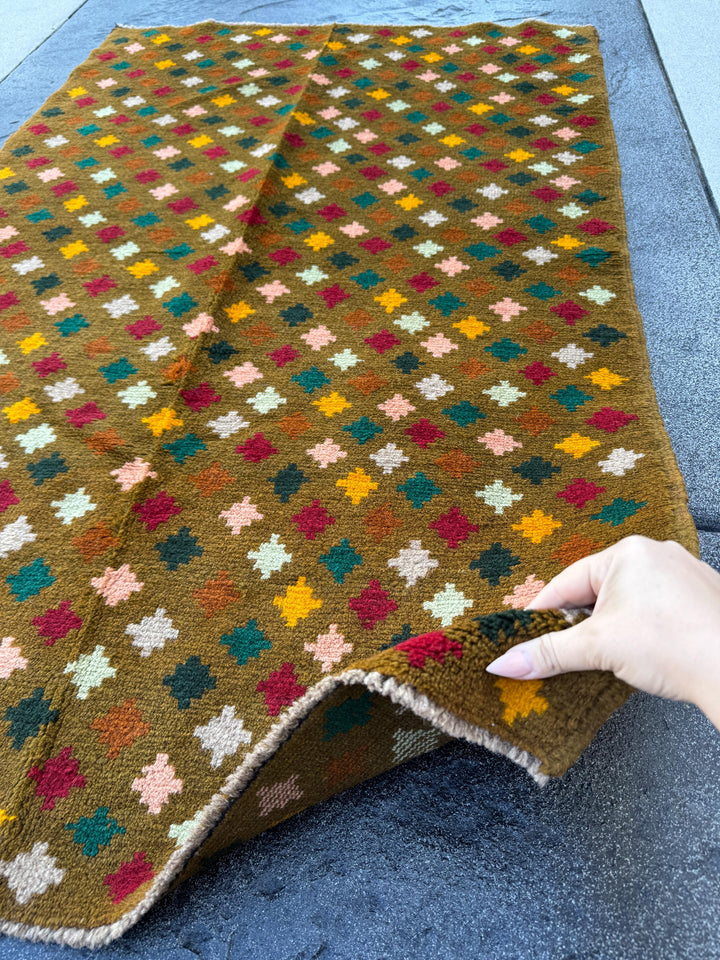 3x5 (91x152) Handmade Vintage Afghan Baluch Rug | Olive Mint Pine Forest Green Mustard Gold Yellow Light Grey Brick Red Copper Brown