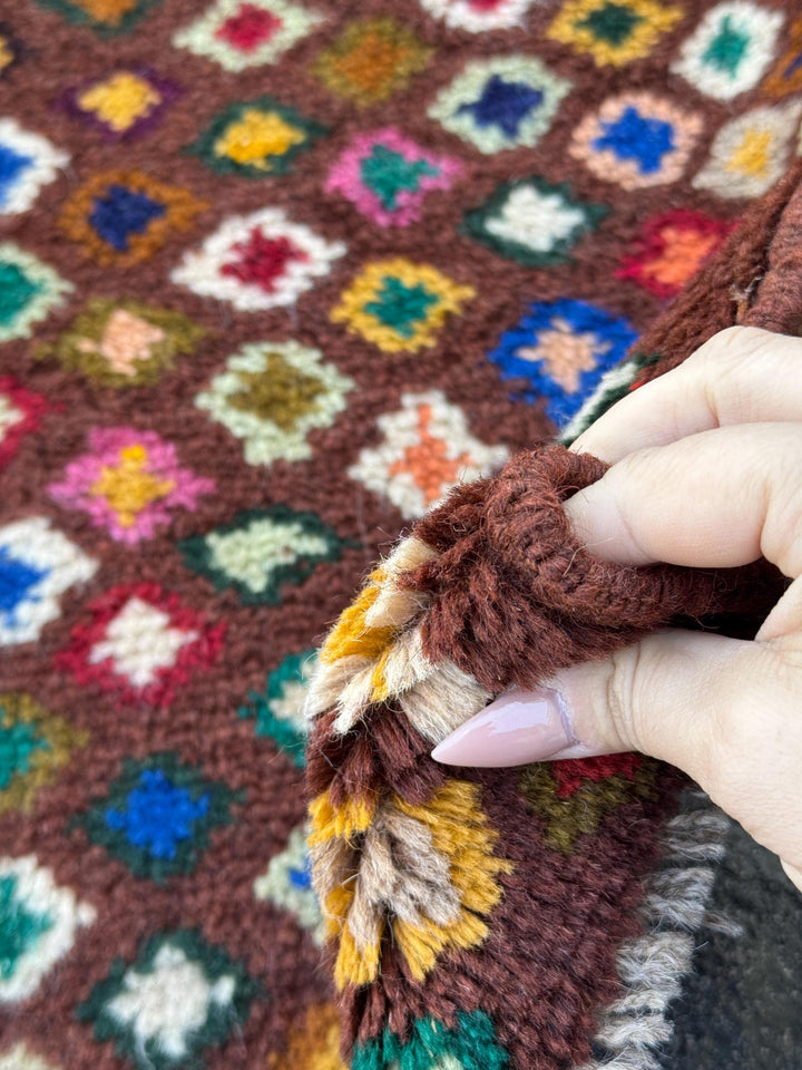 3x5 Handmade Vintage Afghan Baluch Rug | Chocolate Copper Brown Brick Red Peach Burnt Orange Forest Olive Mint Green Navy Blue White