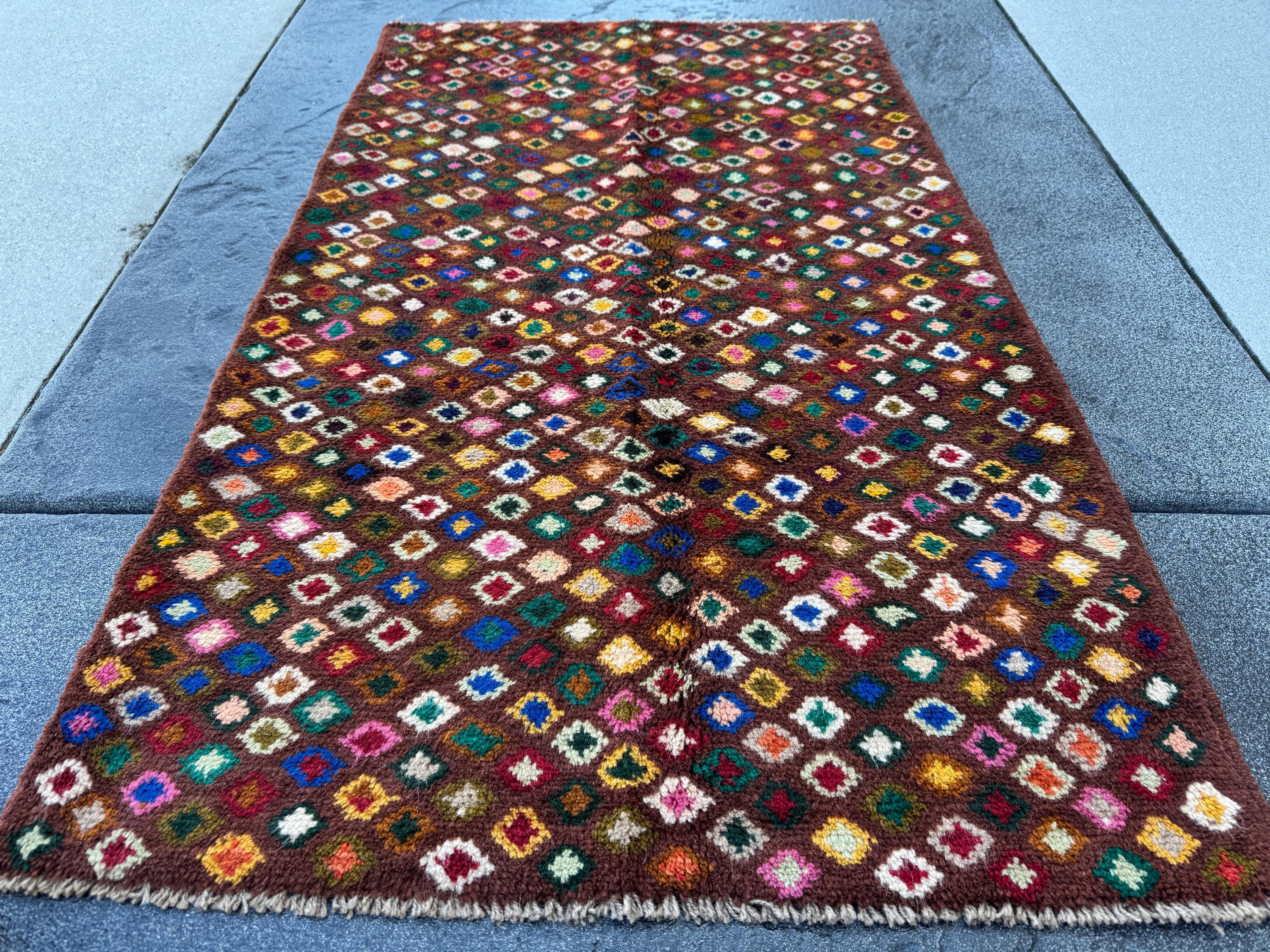 3x5 Handmade Vintage Afghan Baluch Rug | Chocolate Copper Brown Brick Red Peach Burnt Orange Forest Olive Mint Green Navy Blue White