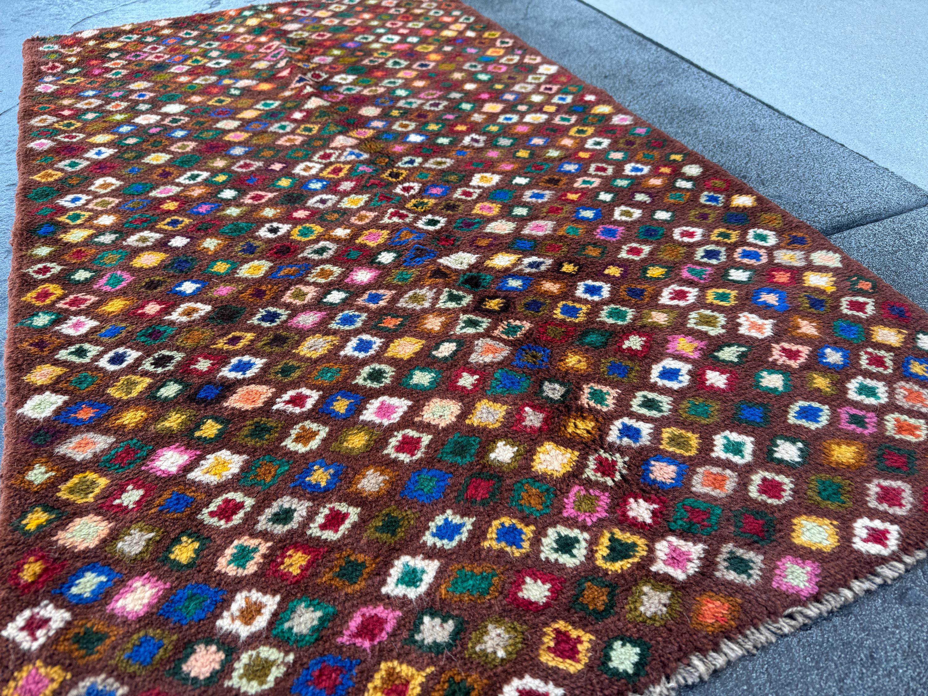 3x5 Handmade Vintage Afghan Baluch Rug | Chocolate Copper Brown Brick Red Peach Burnt Orange Forest Olive Mint Green Navy Blue White