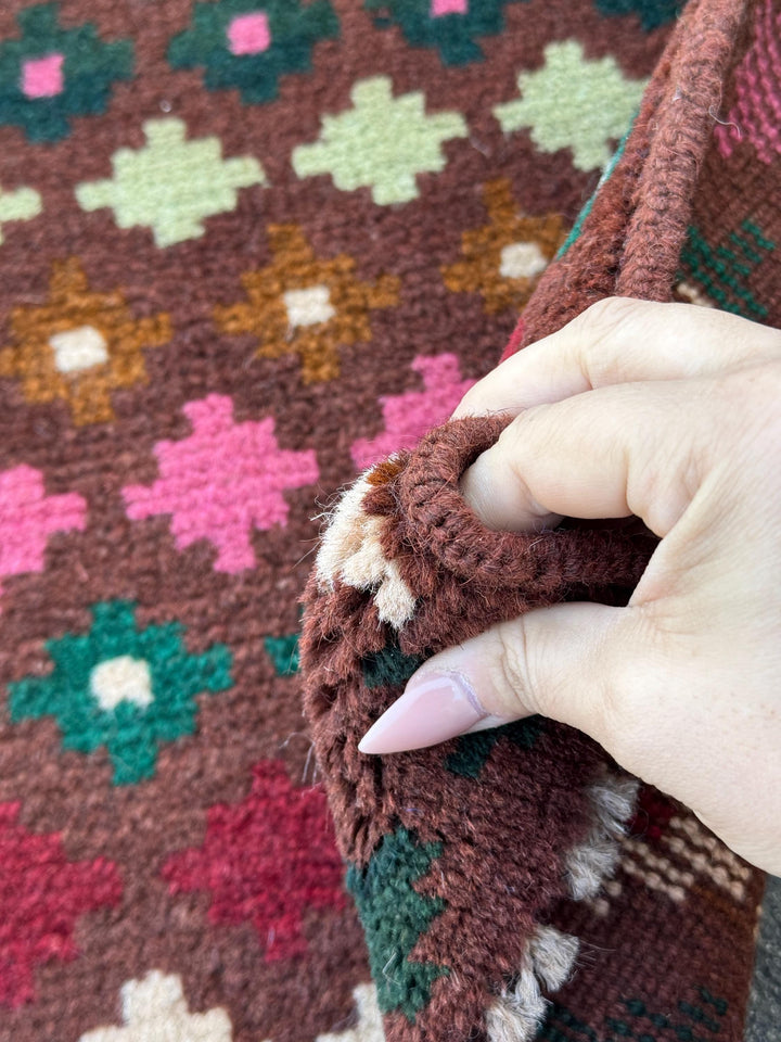 3x5 Handmade Vintage Afghan Baluch Rug | Chocolate Copper Brown Forest Mint Pine Green Brick Red Rose Pink Cream White Burnt Orange