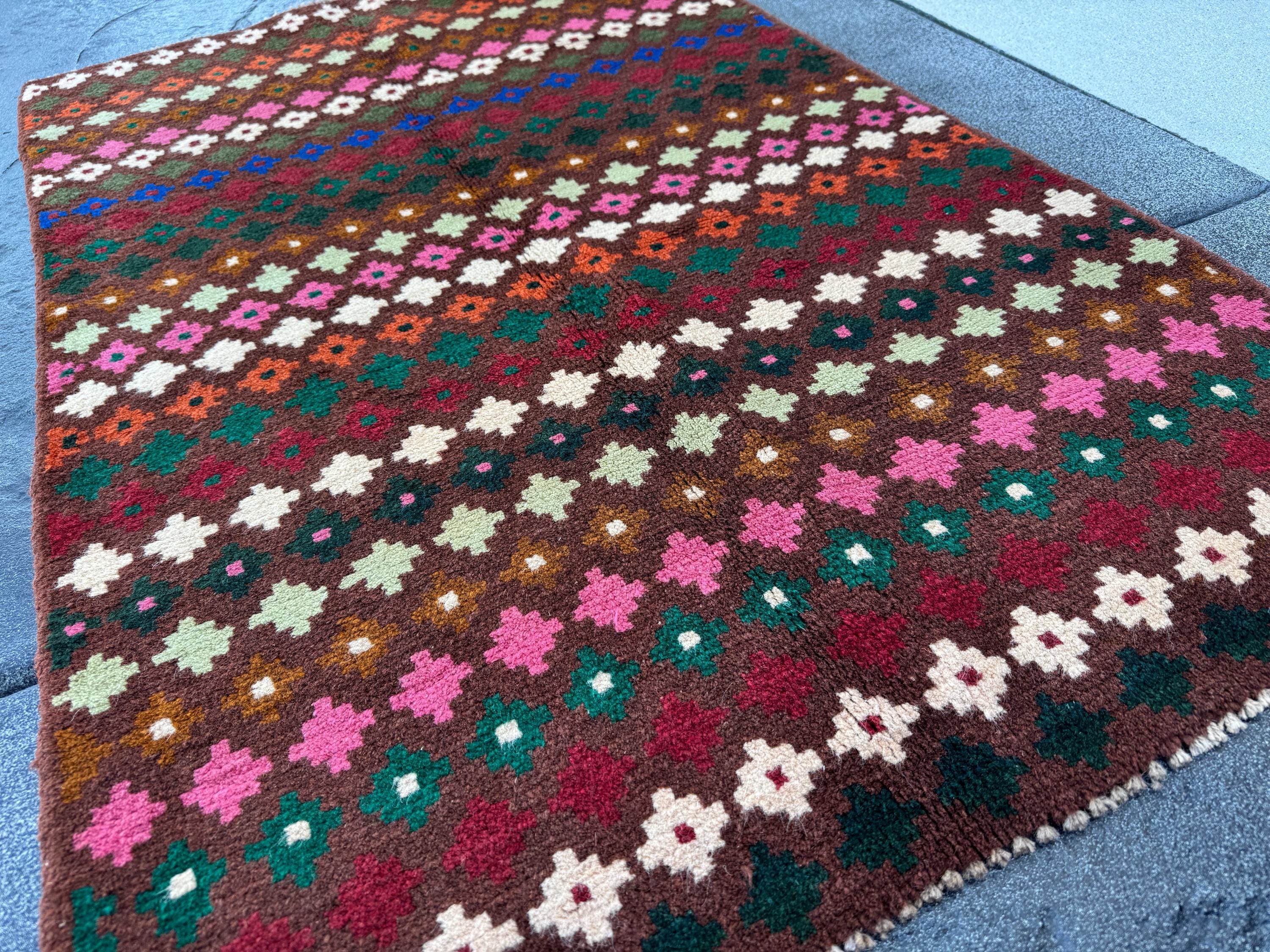 3x5 Handmade Vintage Afghan Baluch Rug | Chocolate Copper Brown Forest Mint Pine Green Brick Red Rose Pink Cream White Burnt Orange