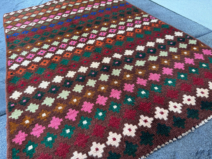 3x5 Handmade Vintage Afghan Baluch Rug | Chocolate Copper Brown Forest Mint Pine Green Brick Red Rose Pink Cream White Burnt Orange
