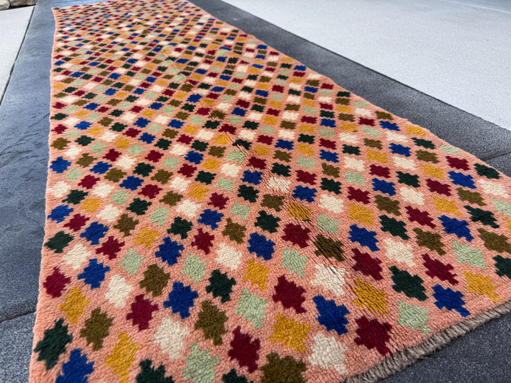 3x10 Handmade Vintage Afghan Baluch Runner Rug | Peach Olive Mint Forest Green Copper Brown Navy Blue Cream White Brick Red Mustard Yellow