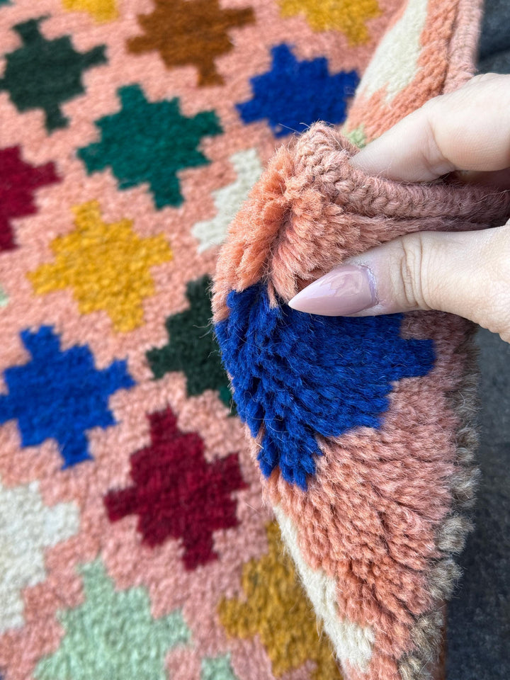 3x5 Handmade Vintage Afghan Baluch Rug | Peach Copper Brown Brick Red Forest Pine Mint Green White Navy Blue Mustard Yellow | Wool Flatwoven