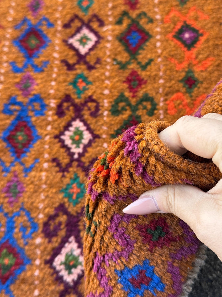 3x5 Handmade Vintage Afghan Baluch Rug | Copper Brown Forest Olive Green Navy Blue Magenta Brick Red Peach Burnt Orange | Wool Flatwoven
