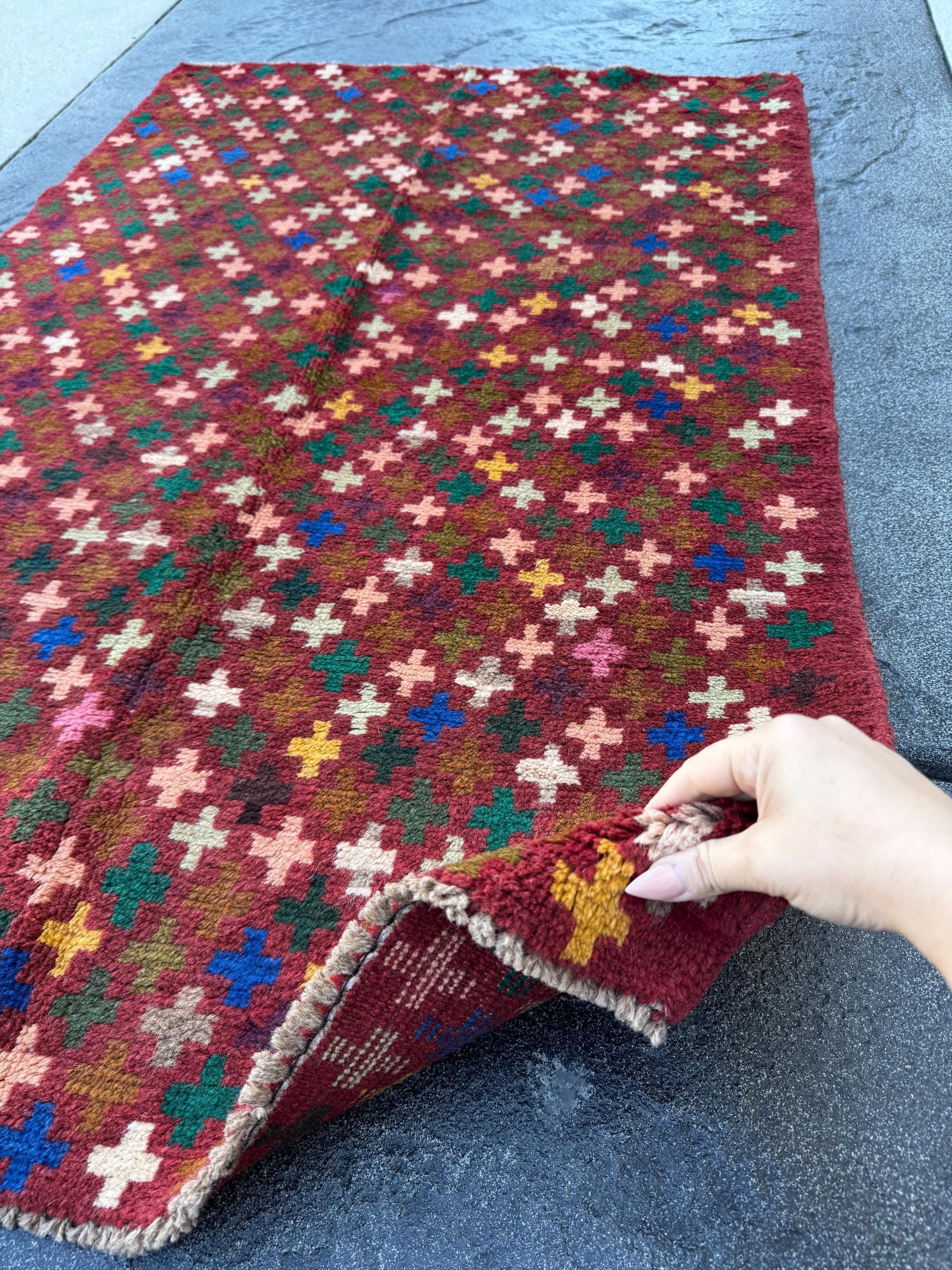 3x5 Handmade Vintage Afghan Baluch Rug | Brick Red Copper Chocolate Brown Rose Pink Peach Forest Olive Moss Green White Grey Mustard | Wool
