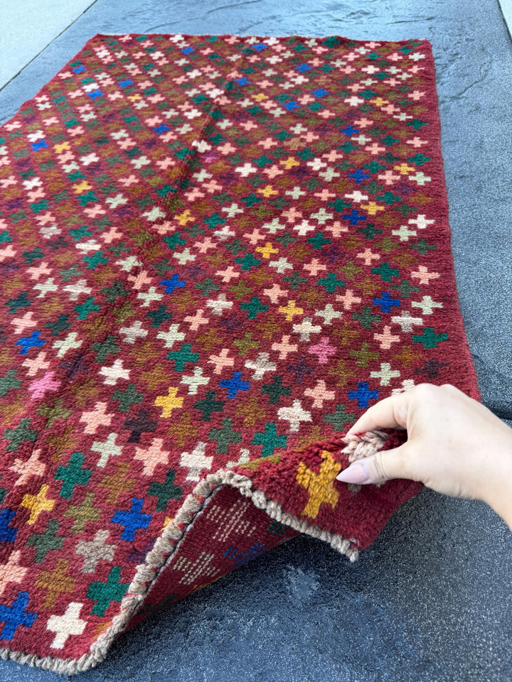 3x5 Handmade Vintage Afghan Baluch Rug | Brick Red Copper Chocolate Brown Rose Pink Peach Forest Olive Moss Green White Grey Mustard | Wool