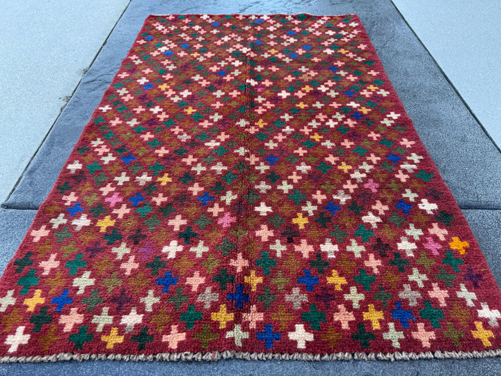 3x5 Handmade Vintage Afghan Baluch Rug | Brick Red Copper Chocolate Brown Rose Pink Peach Forest Olive Moss Green White Grey Mustard | Wool