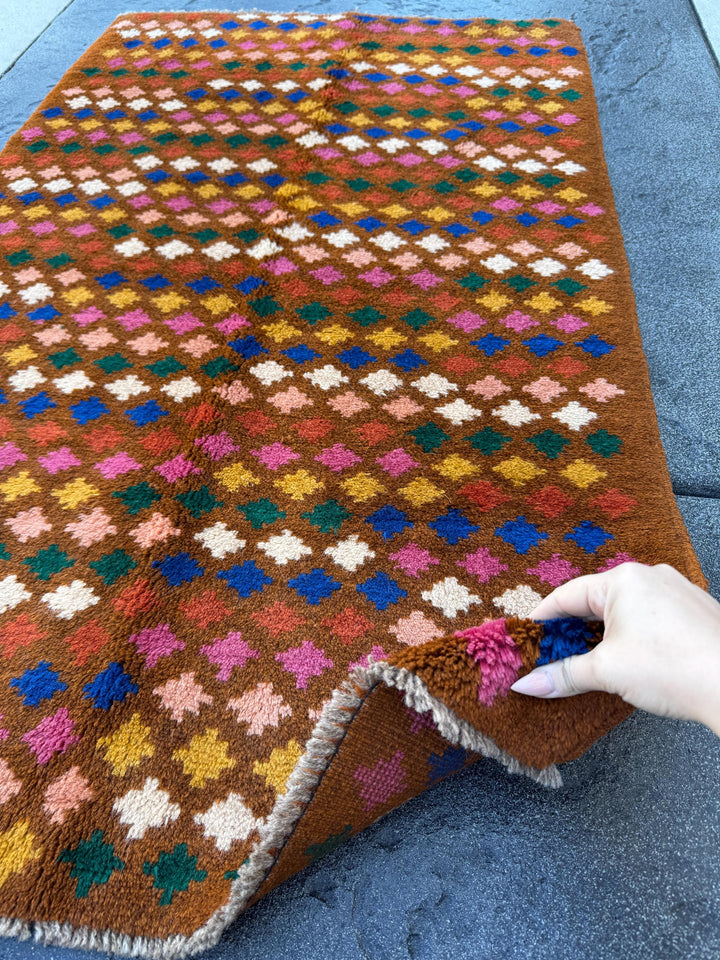 3x5 Handmade Vintage Afghan Baluch Rug | Chocolate Brown Burnt Orange Navy Blue White Peach Rose Pink Mustard Yellow Forest Green | Wool