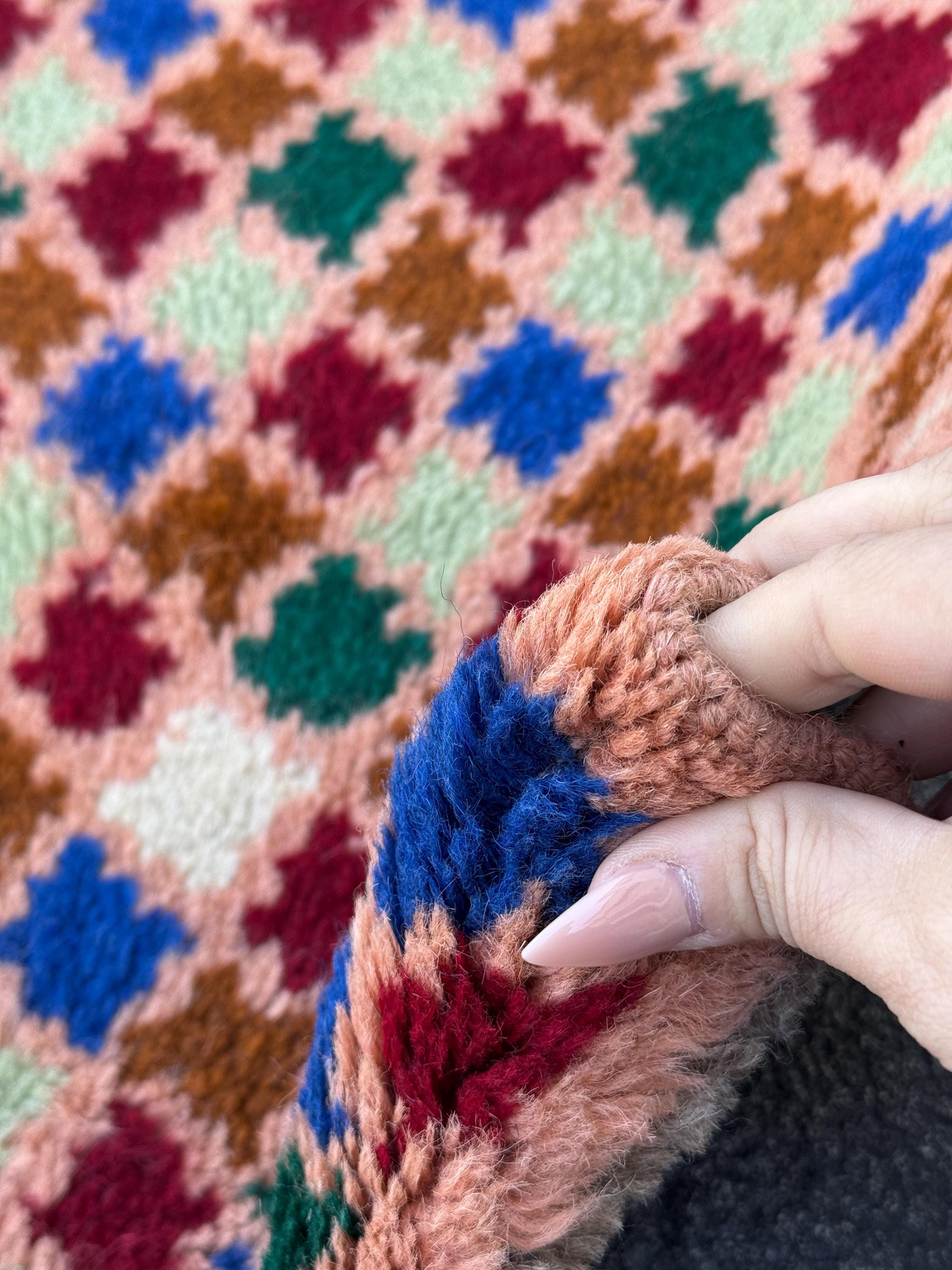 3x4 Handmade Vintage Afghan Baluch Rug | Peach Pink Copper Brown Brick Red Mint Forest Green White Navy Blue | Wool Flatwoven
