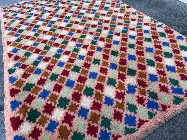 3x4 Handmade Vintage Afghan Baluch Rug | Peach Pink Copper Brown Brick Red Mint Forest Green White Navy Blue | Wool Flatwoven