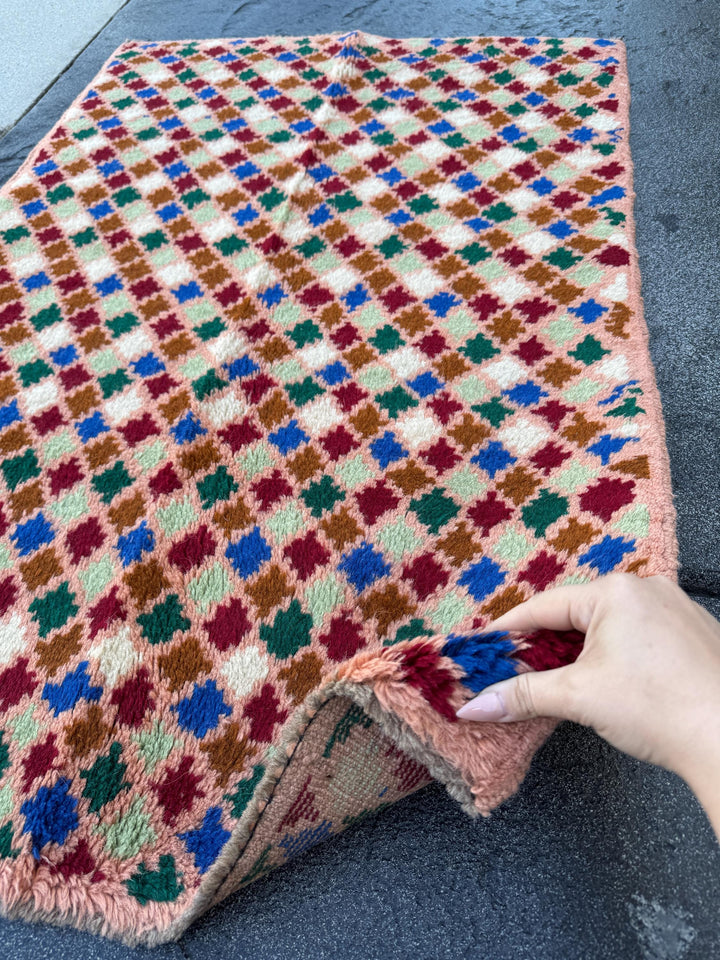 3x4 Handmade Vintage Afghan Baluch Rug | Peach Pink Copper Brown Brick Red Mint Forest Green White Navy Blue | Wool Flatwoven
