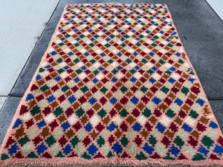 3x4 Handmade Vintage Afghan Baluch Rug | Peach Pink Copper Brown Brick Red Mint Forest Green White Navy Blue | Wool Flatwoven