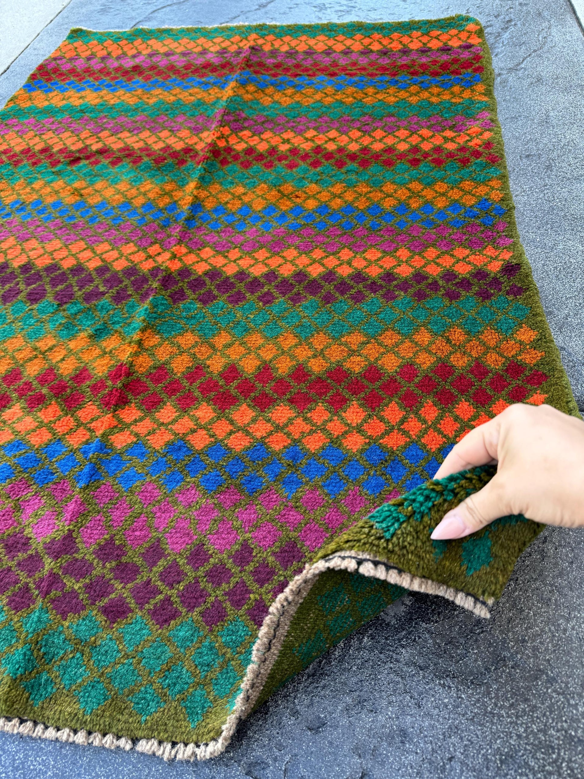 3x5 Handmade Vintage Afghan Baluch Rug | Olive Forest Green Burnt Orange Brick Red Rose Pink Eggplant Purple Magenta | Wool Flatwoven
