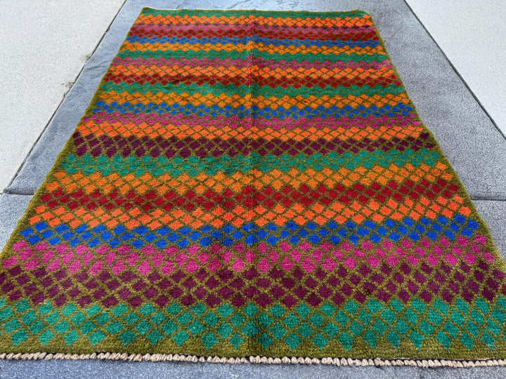 3x5 Handmade Vintage Afghan Baluch Rug | Olive Forest Green Burnt Orange Brick Red Rose Pink Eggplant Purple Magenta | Wool Flatwoven