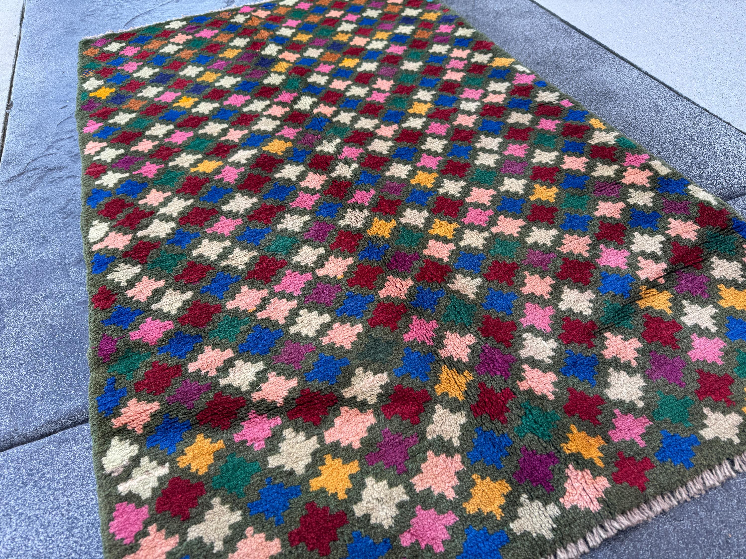 3x5 Handmade Vintage Afghan Baluch Rug | Charcoal Grey Brick Red Rose Salmon Pink Peach Mustard Yellow Navy Blue Forest Green White Purple