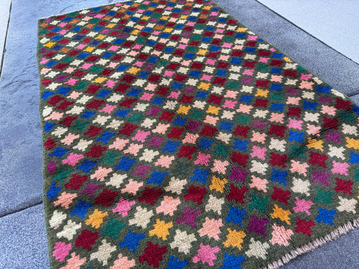 3x5 Handmade Vintage Afghan Baluch Rug | Charcoal Grey Brick Red Rose Salmon Pink Peach Mustard Yellow Navy Blue Forest Green White Purple