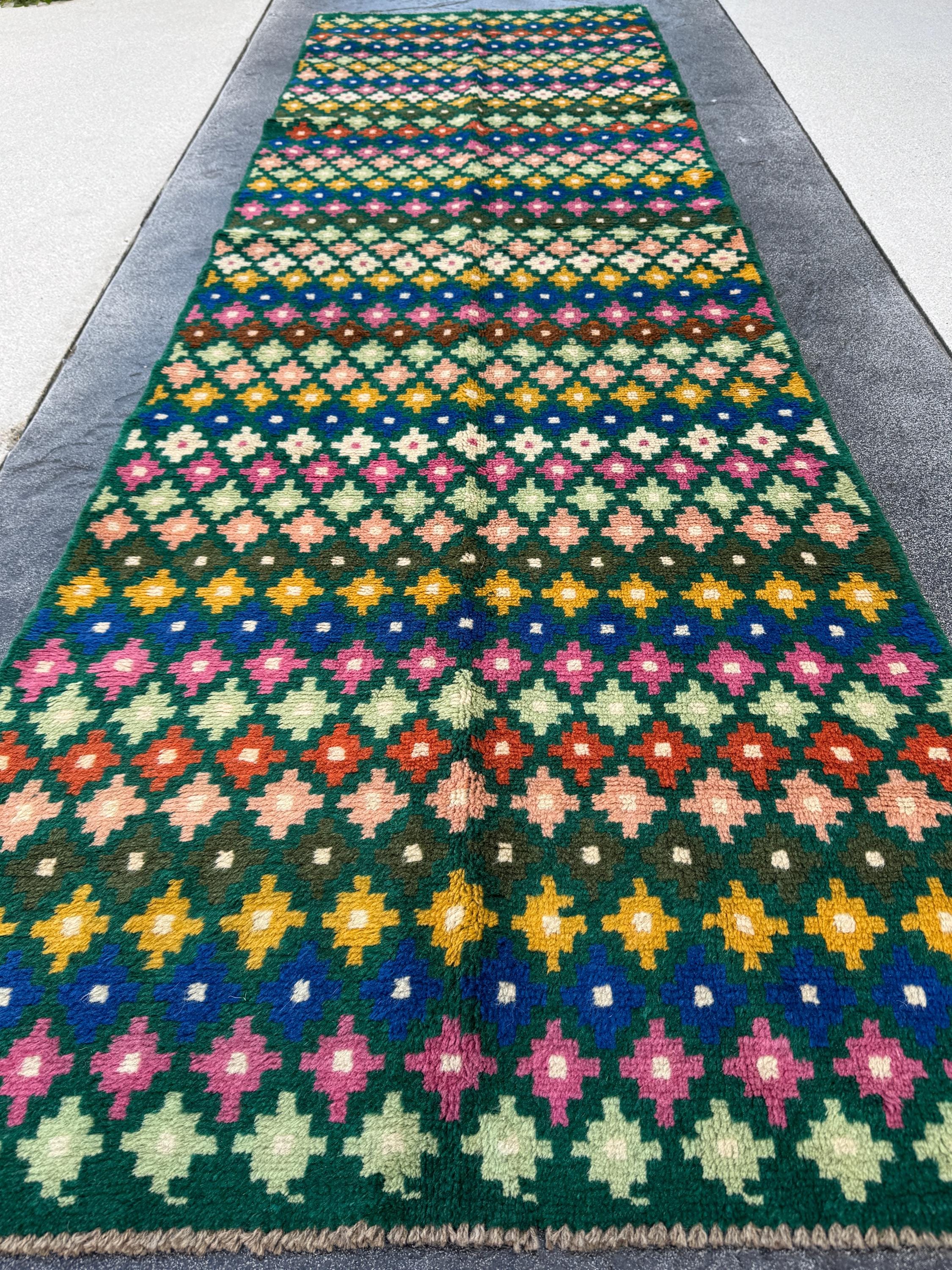 3x10 Handmade Vintage Afghan Baluch Runner Rug | Forest Mint Olive Moss Green Mustard Yellow Navy Blue Cream White Rose Peach Burnt Orange