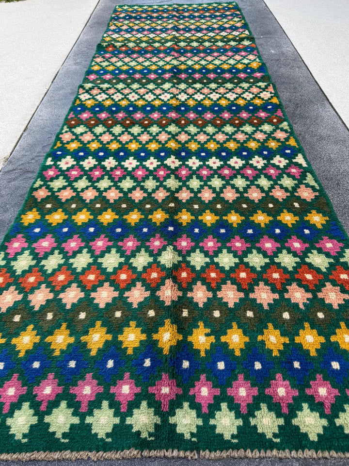 3x10 Handmade Vintage Afghan Baluch Runner Rug | Forest Mint Olive Moss Green Mustard Yellow Navy Blue Cream White Rose Peach Burnt Orange