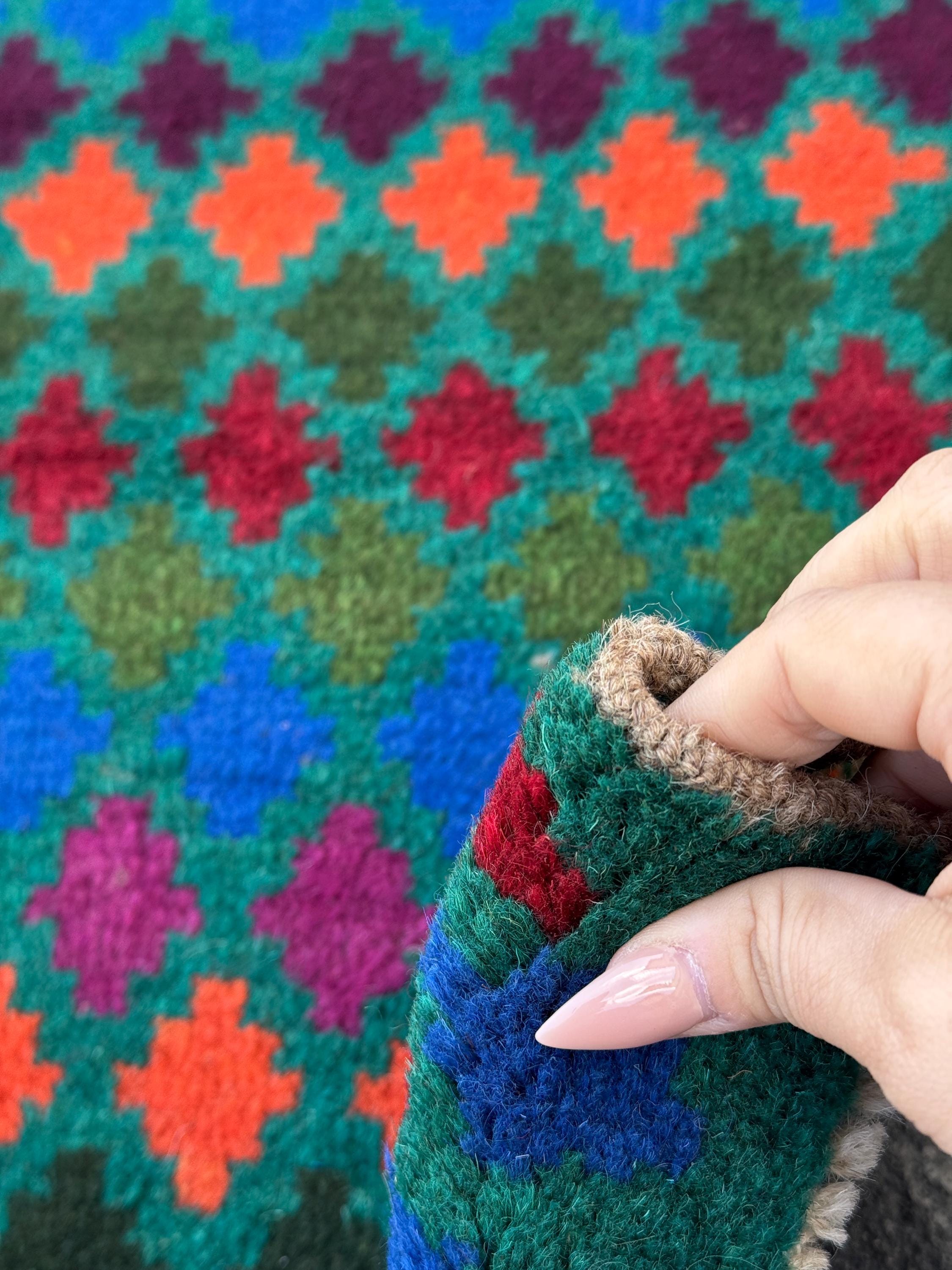 3x9 Handmade Vintage Afghan Baluch Runner Rug | Forest Olive Pine Green Navy Blue Cream Burnt Orange Magenta Rose Pink Purple | Wool
