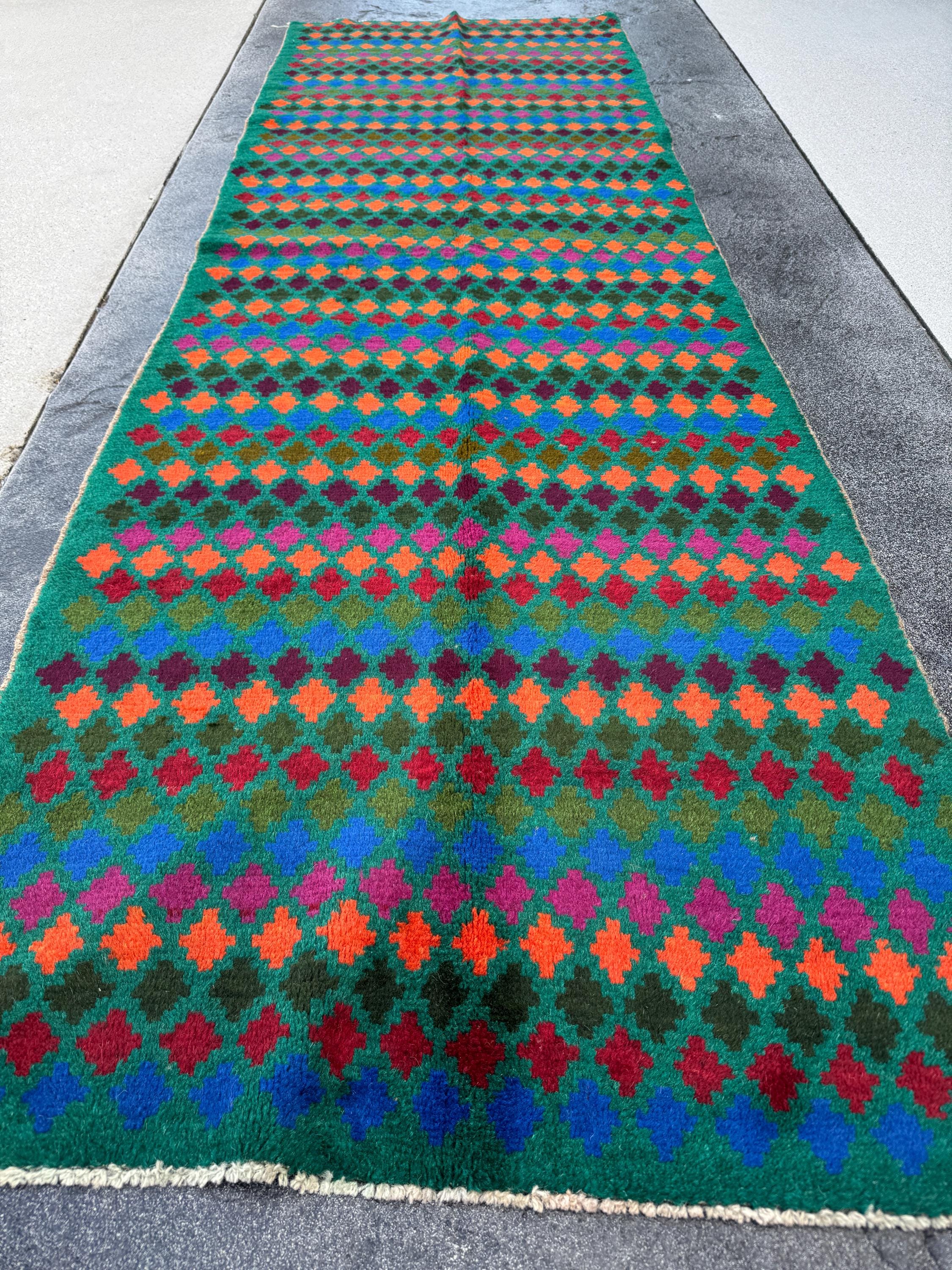 3x9 Handmade Vintage Afghan Baluch Runner Rug | Forest Olive Pine Green Navy Blue Cream Burnt Orange Magenta Rose Pink Purple | Wool