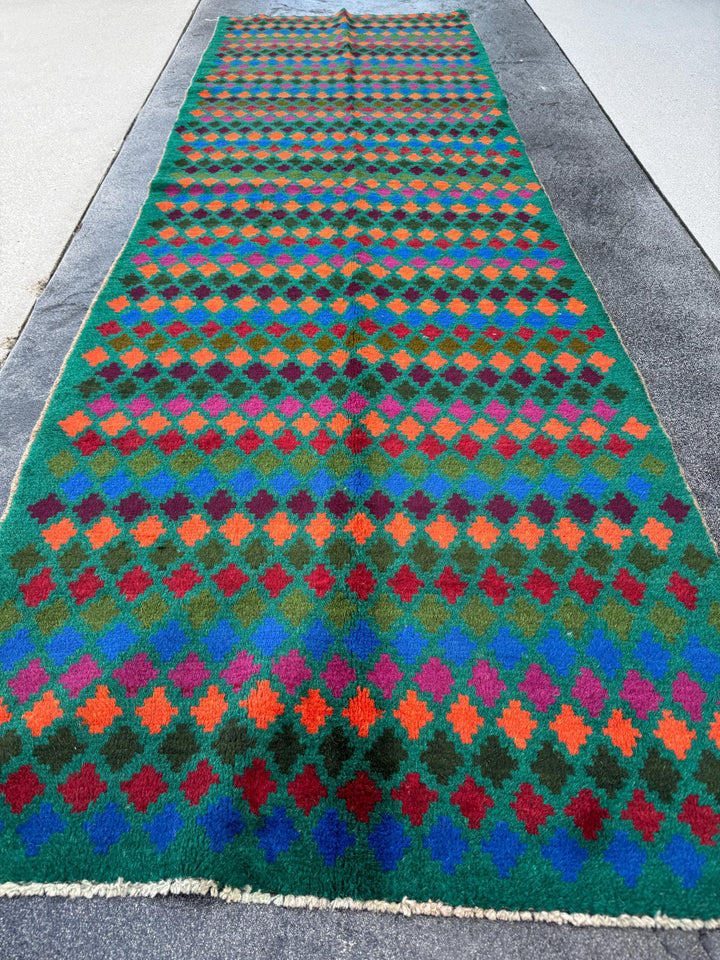3x9 Handmade Vintage Afghan Baluch Runner Rug | Forest Olive Pine Green Navy Blue Cream Burnt Orange Magenta Rose Pink Purple | Wool