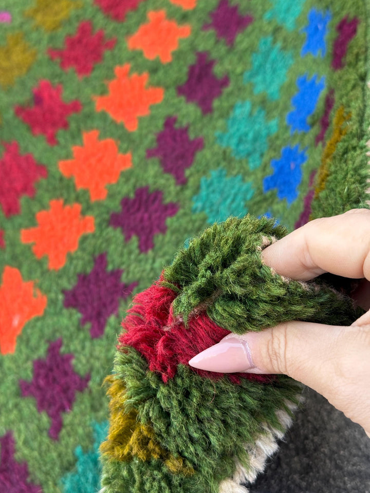 3x10 Handmade Vintage Afghan Baluch Runner Rug | Pine Olive Forest Green Brick Red Burnt Orange Magenta Eggplant Purple Navy Blue | Wool