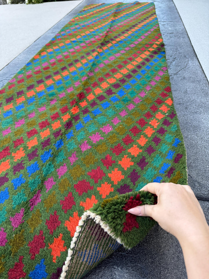 3x10 Handmade Vintage Afghan Baluch Runner Rug | Pine Olive Forest Green Brick Red Burnt Orange Magenta Eggplant Purple Navy Blue | Wool